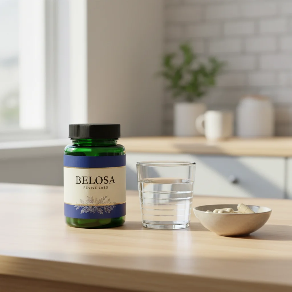 Belosa Revive Labs -pakkaus keittiöpöydällä vesipullon ja pähkinäkulhon vieressä